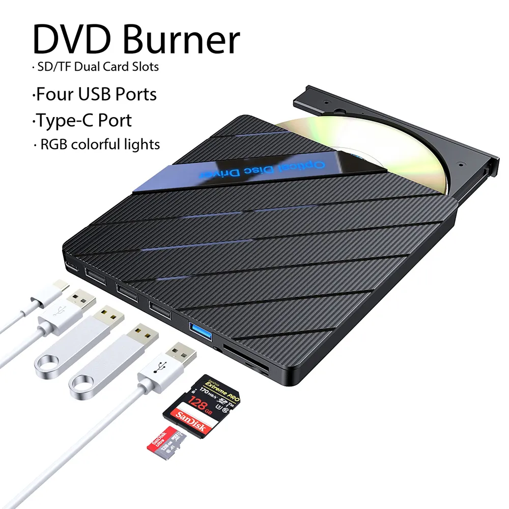 7-in-1 External Optical Drive with Colored Lights
